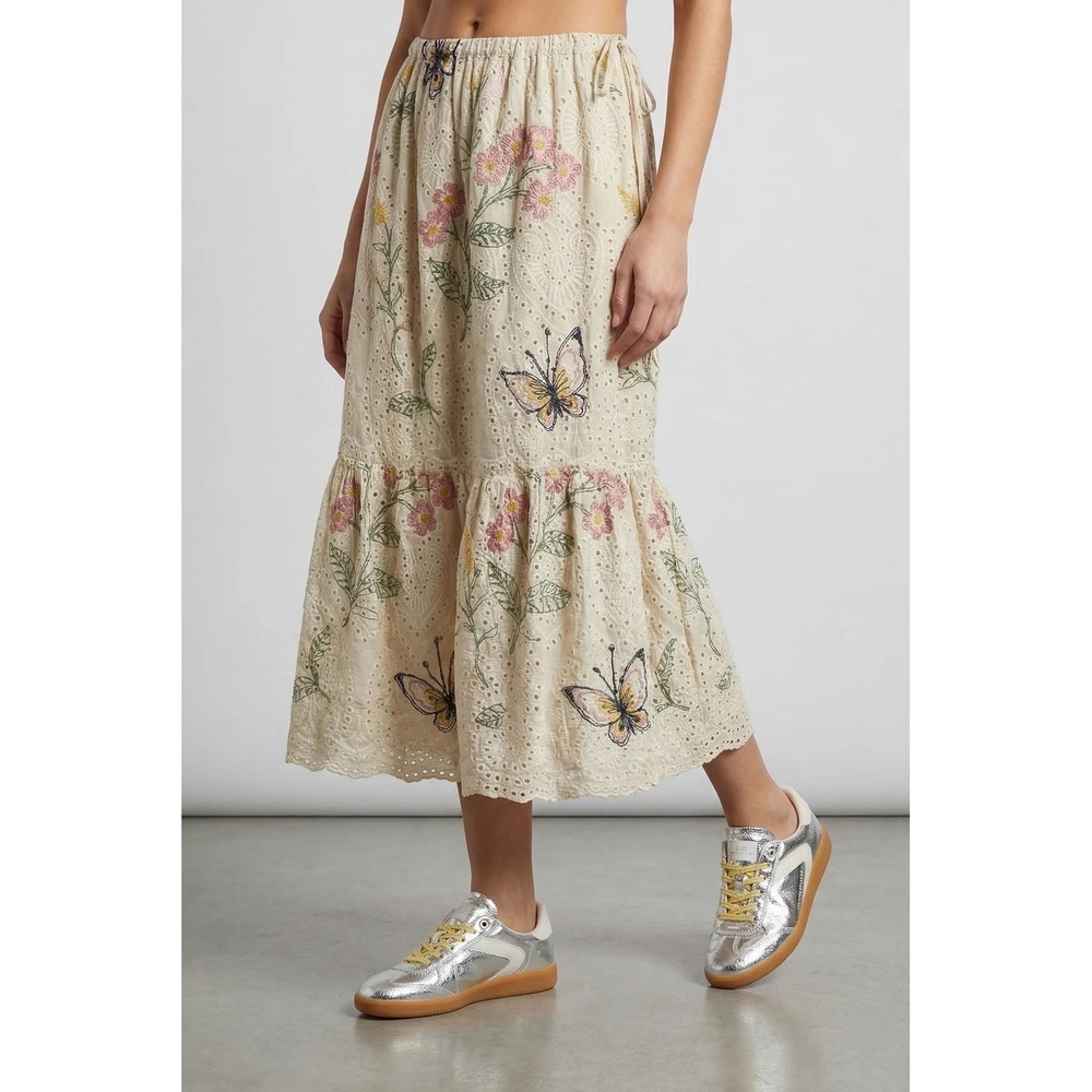 Jaded Gypsy Wild Flower Echo Skirt Embroidered Eyelet Lace Butterfly Midi OS